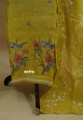 Amitha – Greenish Yellow Tissue Linen Salwar Suit with Birds Digital Prints & Hand Embroidery