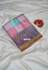 Creamy Rose Pink & Aqua - Swara – Grandeur Pure Viscose Silk Saree Madras Checks & Gandaberunda Buttas with Yaanai Border Contrast Pallu and Blouse - Best for Diwali Festive | Wedding Functions