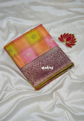 Soft Sunset Glow - Swara – Grandeur Pure Viscose Silk Saree Madras Checks & Gandaberunda Buttas with Yaanai Border Contrast Pallu and Blouse - Best for Diwali Festive | Wedding Functions