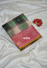 Emerald Green - Swara – Grandeur Pure Viscose Silk Saree Madras Checks & Gandaberunda Buttas with Yaanai Border Contrast Pallu and Blouse - Best for Diwali Festive | Wedding Funtions