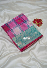 Queen's Pink - Swara – Grandeur Pure Viscose Silk Saree Madras Checks & Gandaberunda Buttas with Yaanai Border Contrast Pallu and Blouse - Best for Diwali Festive | Wedding Functions