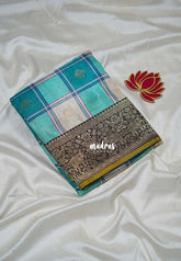 Aqua Teal - Swara – Grandeur Pure Viscose Silk Saree Madras Checks & Gandaberunda Buttas with Yaanai Border Contrast Pallu and Blouse - Best for Diwali Festive | Wedding Functions