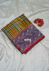 Antique Olive - Swara – Grandeur Pure Viscose Silk with Burberry Checks Body and 3D Elephant & Mayil Buttas