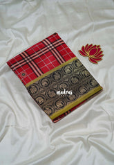 Tomato Red - Swara – Grandeur Pure Viscose Silk with Burberry Checks Body and 3D Elephant & Mayil Buttas