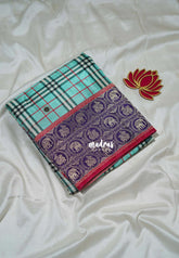 Aqua Blue - Swara – Grandeur Pure Viscose Silk with Burberry Checks Body and 3D Elephant & Mayil Buttas