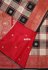 Jet Black & Grey - Swara – Grandeur Pure Viscose Silk Saree Madras Checks & Gandaberunda Buttas with Yaanai Border Contrast Pallu and Blouse - Best for Diwali Festive | Wedding Functions (Copy)