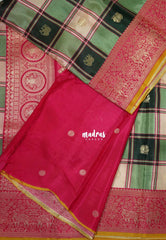 Emerald Green - Swara – Grandeur Pure Viscose Silk Saree Madras Checks & Gandaberunda Buttas with Yaanai Border Contrast Pallu and Blouse - Best for Diwali Festive | Wedding Funtions