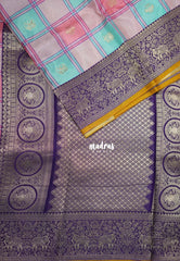 Creamy Rose Pink & Aqua - Swara – Grandeur Pure Viscose Silk Saree Madras Checks & Gandaberunda Buttas with Yaanai Border Contrast Pallu and Blouse - Best for Diwali Festive | Wedding Functions
