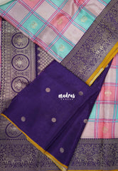 Creamy Rose Pink & Aqua - Swara – Grandeur Pure Viscose Silk Saree Madras Checks & Gandaberunda Buttas with Yaanai Border Contrast Pallu and Blouse - Best for Diwali Festive | Wedding Functions