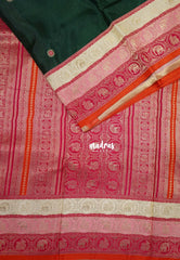 Deep Green - Swara – Grandeur Pure Viscose Silk Saree Tri-color 3D Elephant & Mayil Butta with Contrast Pallu and Blouse - Best for Wedding Function | Diwali Festive