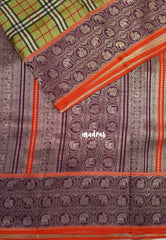 Olive Green - Swara – Grandeur Pure Viscose Silk with Burberry Checks Body and 3D Elephant & Mayil Buttas