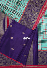 Aqua Blue - Swara – Grandeur Pure Viscose Silk with Burberry Checks Body and 3D Elephant & Mayil Buttas