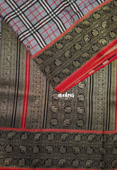 Silver Grey - Swara – Grandeur Pure Viscose Silk with Burberry Checks Body and 3D Elephant & Mayil Buttas