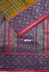 Antique Olive - Swara – Grandeur Pure Viscose Silk with Burberry Checks Body and 3D Elephant & Mayil Buttas