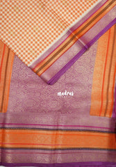 Peach Orange -Durga - Banarasi Premium Viscose Silk Saree Podi Kattam, Zari Checks Weaving with Buttas and Traditional Tri-Line Border - Best for Diwali Festive | Wedding Functions