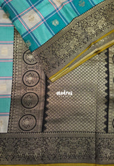 Aqua Teal - Swara – Grandeur Pure Viscose Silk Saree Madras Checks & Gandaberunda Buttas with Yaanai Border Contrast Pallu and Blouse - Best for Diwali Festive | Wedding Functions