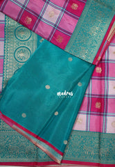 Queen's Pink - Swara – Grandeur Pure Viscose Silk Saree Madras Checks & Gandaberunda Buttas with Yaanai Border Contrast Pallu and Blouse - Best for Diwali Festive | Wedding Functions
