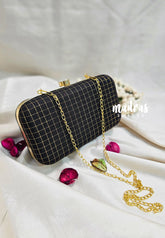 MS7 - Premium Raw Silk Fabric Black with Muthukattam Pin-tuck with Box Clutch for Women