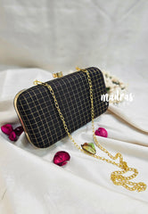 MS7 - Premium Raw Silk Fabric Black with Muthukattam Pin-tuck with Box Clutch for Women
