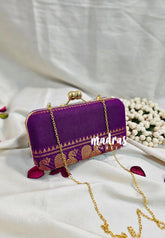 MS7 - Premium Sungudi Fabric Magenta Purple with Velthari Dedign Pin-tuck with Box Clutch for Women