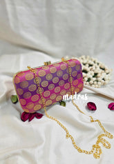 MS7 - Premium Fabric Pink and Purple Shades Banarasi Weaving Pin-tuck with Box Clutch for Women