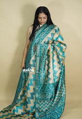 Teal Blue and Aqua Blue - Roopa - Lightweight semi tussar grooves weaving with zig zag prints - Best for Elegant Style