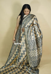 Grey - Roopa - Lightweight semi tussar grooves weaving with zig zag prints - Best for Elegant Style