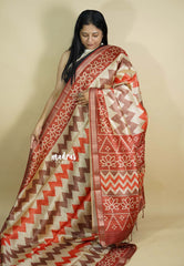Orange and Brown - Roopa - Lightweight semi tussar grooves weaving with zig zag prints - Best for Elegant Style