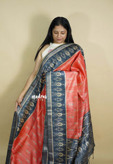 Peach - Roopa - Lightweight semi tussar with digital prints ikkat tissue border - Best for Elegant Style