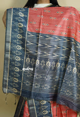 Peach - Roopa - Lightweight semi tussar with digital prints ikkat tissue border - Best for Elegant Style