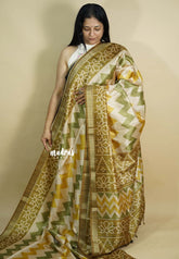 Yellow and Green - Roopa - Lightweight semi tussar grooves weaving with zig zag prints - Best for Elegant Style
