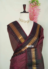 Dual Shade Wine-Maroon with Black - Raaga - Semi Tussar with Rudraksham Border - Best for Small Functions