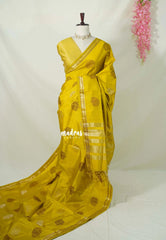 Greenish Lemon Yellow - Raaga - Semi Tussar Saree Thread Weaving Buttas with Small Border - Best for Small Functions