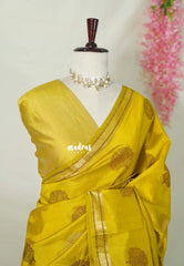 Greenish Lemon Yellow - Raaga - Semi Tussar Saree Thread Weaving Buttas with Small Border - Best for Small Functions