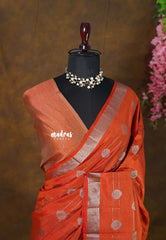 Rust Orange - Raaga - Semi Tussar with Antique Silver Border - Best for Small Functions