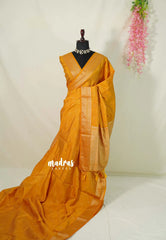 Mustard Yellow - Raaga Premium Semi Tussar with Tiny Square Weaving Buttas Traditional Border - Perfect for small functions | Temple visit