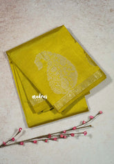 Greenish Yellow - Raaga - Lightweight Semi tussar saree with Mango border
