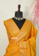 Mustard Yellow - Raaga Premium Semi Tussar with Tiny Square Weaving Buttas Traditional Border - Perfect for small functions | Temple visit