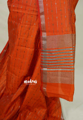 Dark Rust Orange - Raaga - Semi Tussar Antique Silver Weaving Body with Small Border - Best for Small Functions
