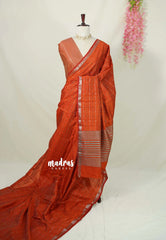 Dark Rust Orange - Raaga - Semi Tussar Antique Silver Weaving Body with Small Border - Best for Small Functions