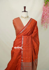 Dark Rust Orange - Raaga - Semi Tussar Antique Silver Weaving Body with Small Border - Best for Small Functions