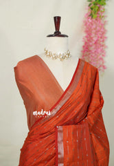 Dark Rust Orange - Raaga - Semi Tussar Antique Silver Weaving Body with Small Border - Best for Small Functions