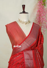 Crimson Red - Raaga - Semi Tussar Antique Silver Weaving Body with Zari Border - Best for Small Functions