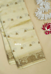 Beige - Raaga - Semi Tussar Raaga  with Buttas and Elephant Thread Border - Best for Festive Wear