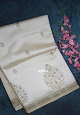 Ivory Beige & Grey - Raaga - Lightweight Semi Tussar Saree with Flower Embroidery and Zari Border - Best for Wedding Functions
