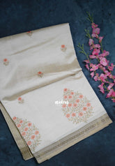 Ivory Beige & Peach Orange - Raaga - Lightweight Semi Tussar Saree with Flower Embroidery and Zari Border - Best for Wedding Functions