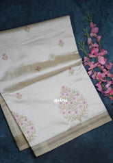 Ivory Beige & Pink - Raaga - Lightweight Semi Tussar Saree with Flower Embroidery and Zari Border - Best for Wedding Functions