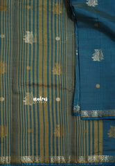 Deep Teal Blue - Raaga - Semi Tussar and Tiny Border with Floral and Buttas - Best for Gifting