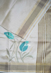 Ivory Beige & Turquoise Blue - Raaga - Lightweight Semi Tussar Saree with Tulip Flower Petite Embroidery and Zari Border - Best for Wedding Functions
