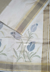 Ivory Beige & Grey - Raaga - Lightweight Semi Tussar Saree with Tulip Flower Petite Embroidery and Zari Border - Best for Wedding Functions